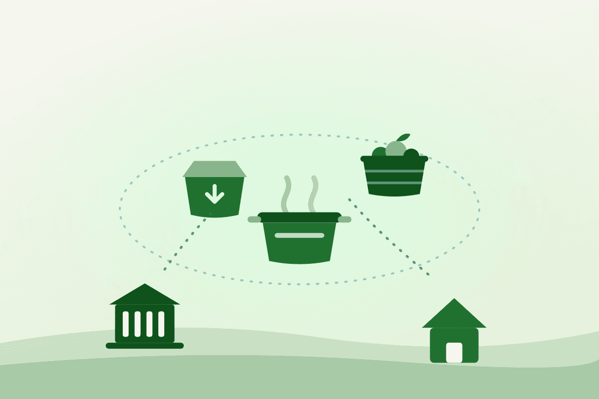 Illustration of community kitchens, schools and nonprofits connected in a Cape Breton food network