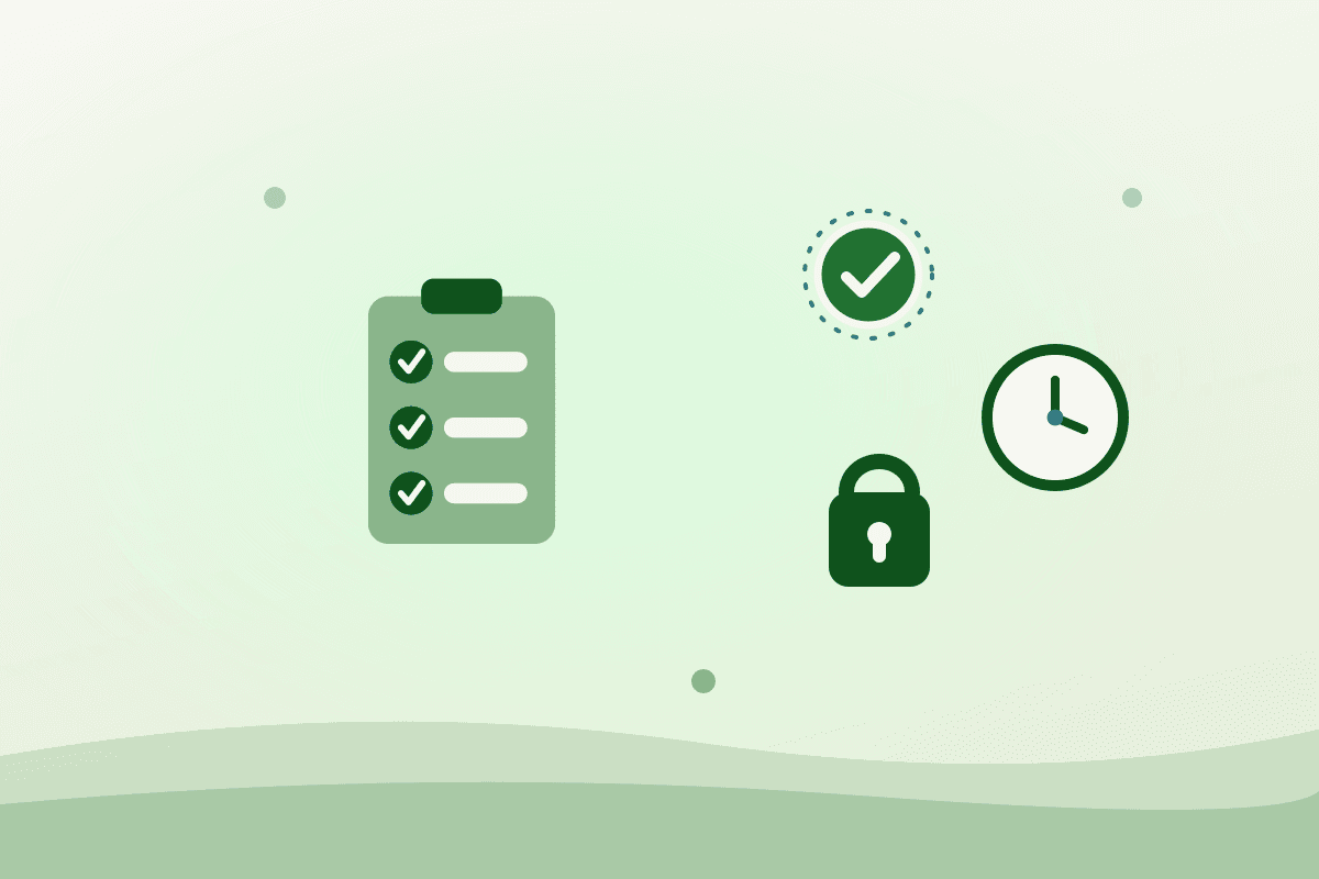 Illustration of a checklist, approval badge, padlock and clock representing kitchen rental rules to check before booking by the hour