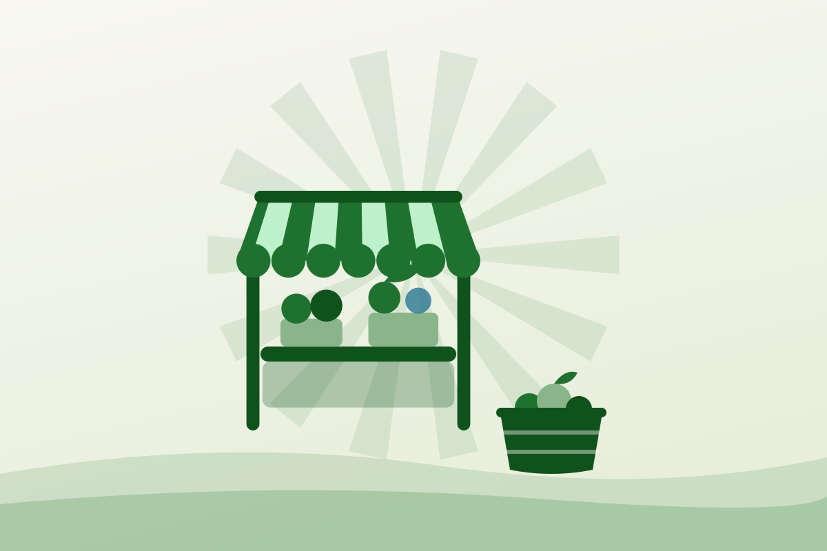 Flat illustration of a covered farmers market stall with produce crates in Vaughan