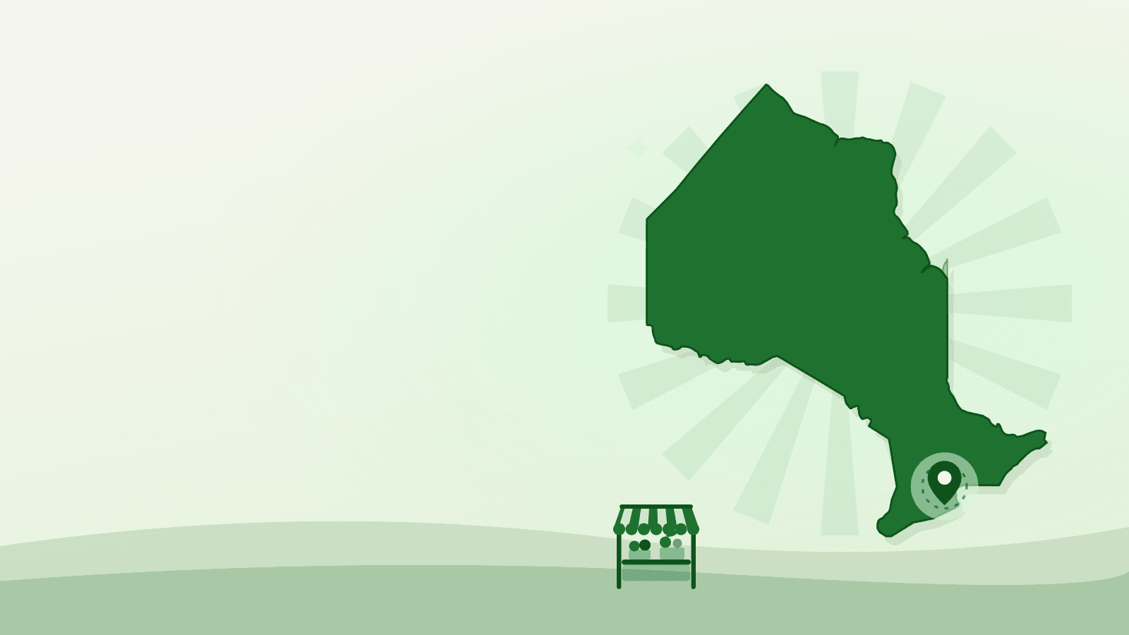 Flat illustration of Ontario with Mississauga marked, for a farmers market Mississauga guide, with a market stall
