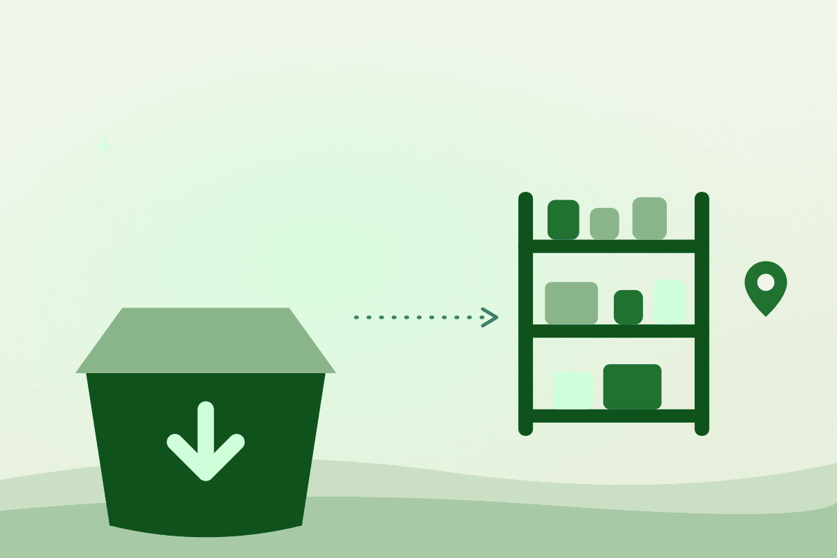 Flat illustration of a donation box feeding a stocked shelf rack with a map pin alongside