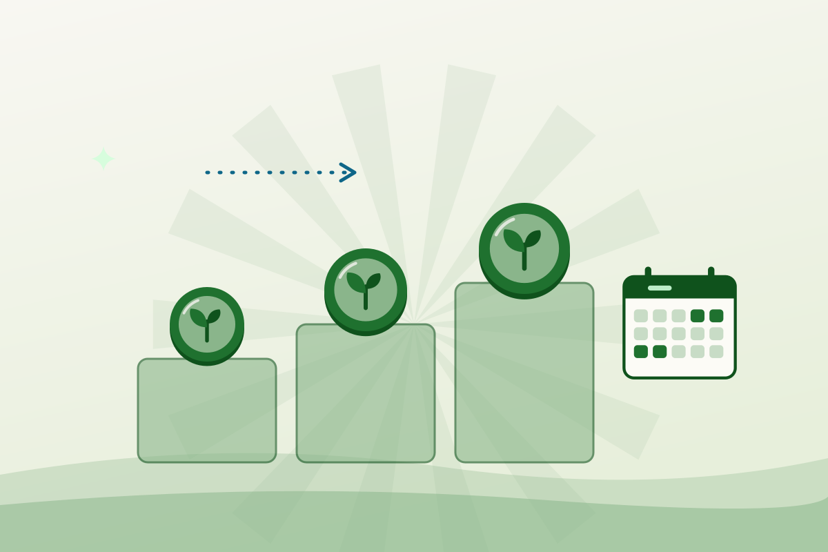 Illustration of three rising budget blocks beside a calendar, representing Feed NB funding across three fiscal years