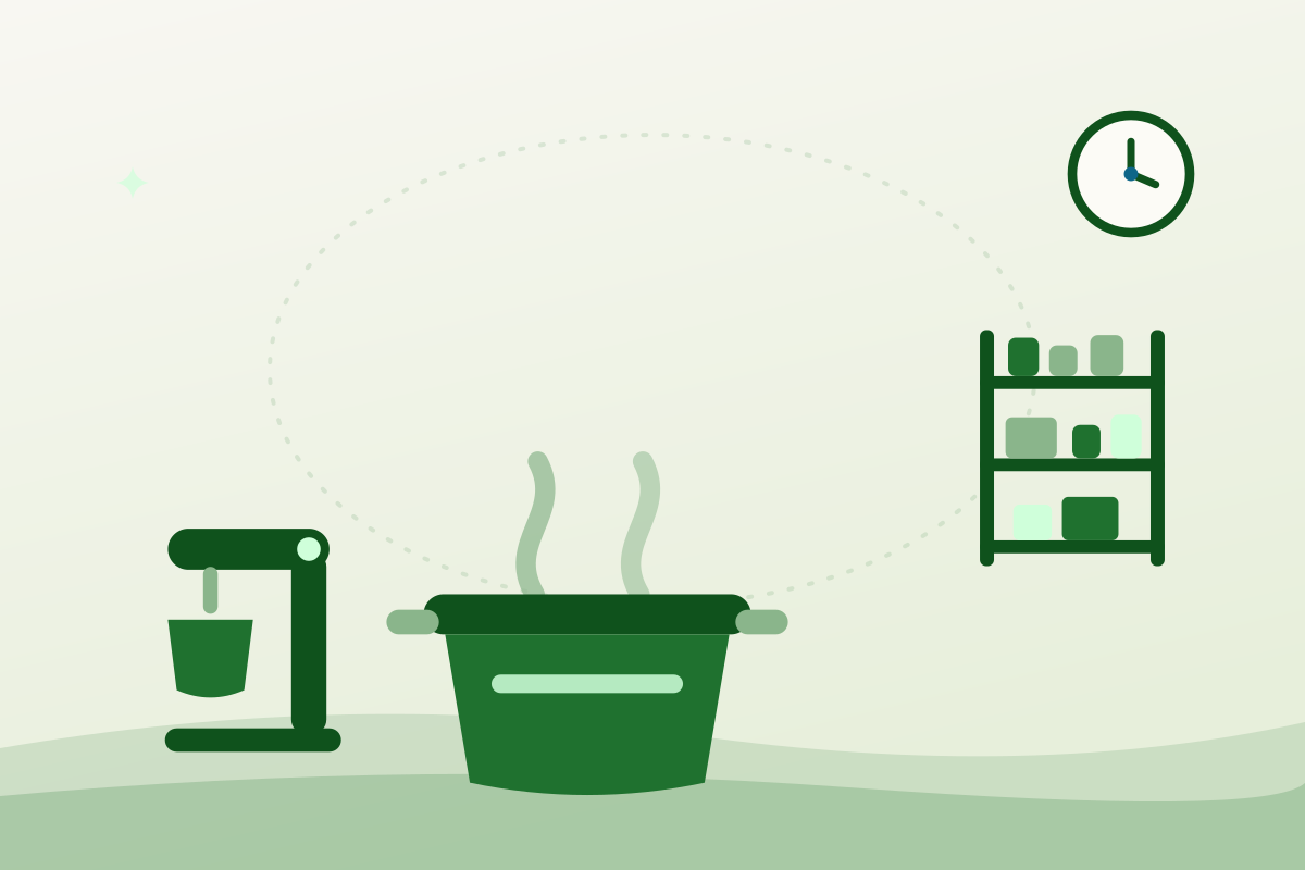 Illustration of a shared community kitchen with a pot, mixer and storage rack