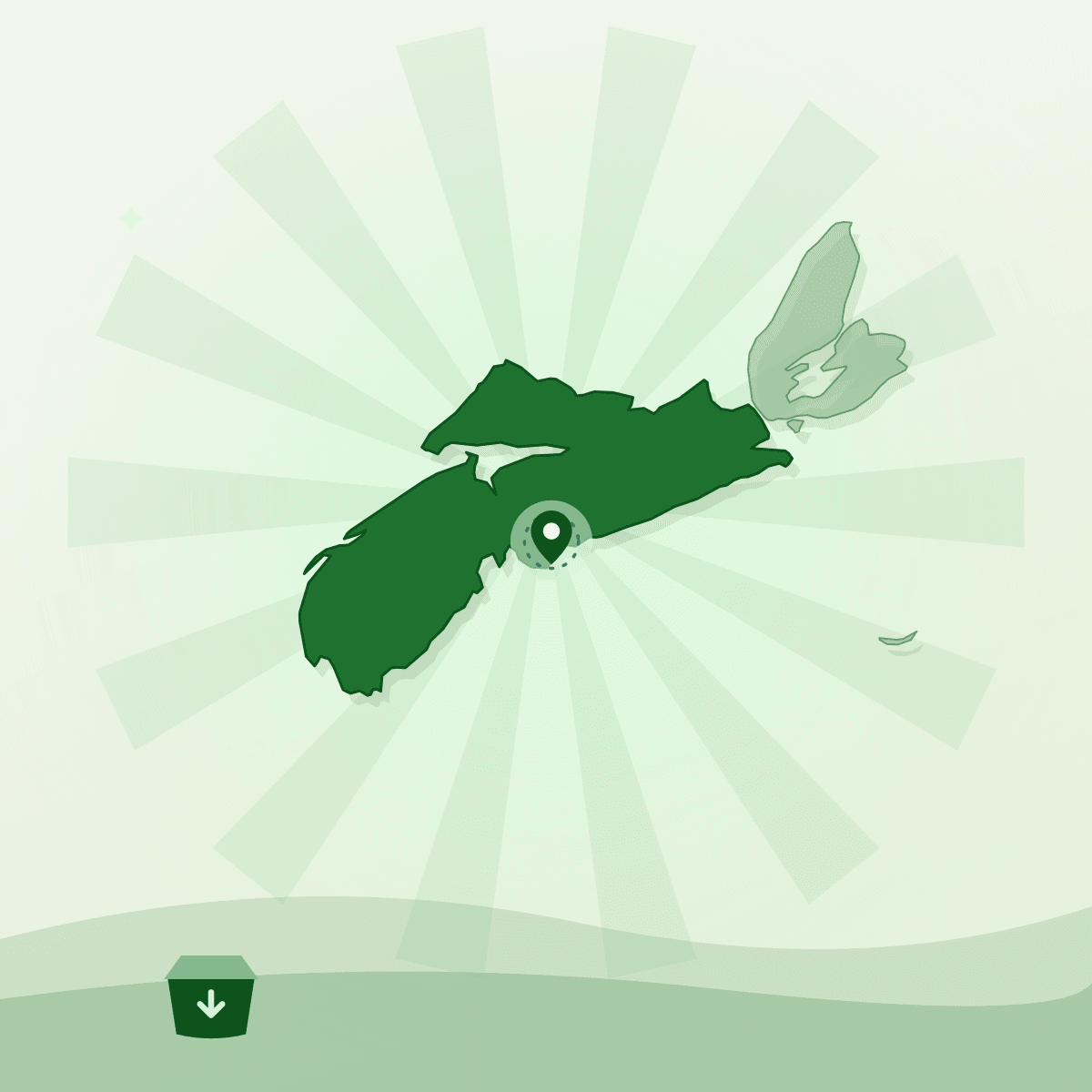 Illustrated outline of mainland Nova Scotia with Dartmouth marked