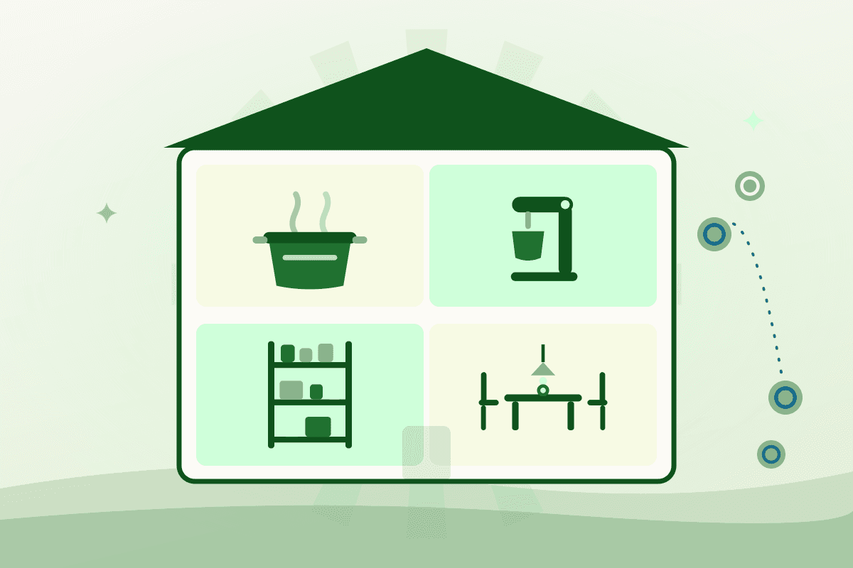 Cutaway illustration of a commercial kitchen building with four bookable zones: kitchen stations, specialty equipment, storage slots, and a dining room