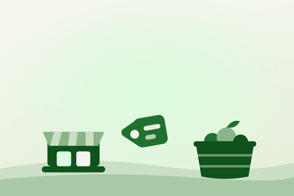 Flat illustration of a market storefront, a price tag and a produce crate representing the Boyce Farmers Market