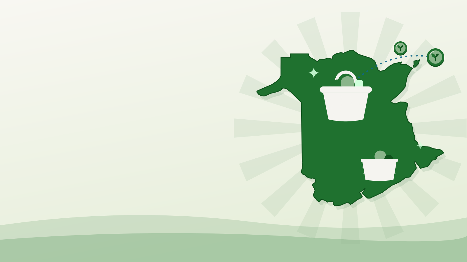 Flat illustration of the New Brunswick silhouette with funding coins arriving and food baskets on the province, representing Feed NB funding