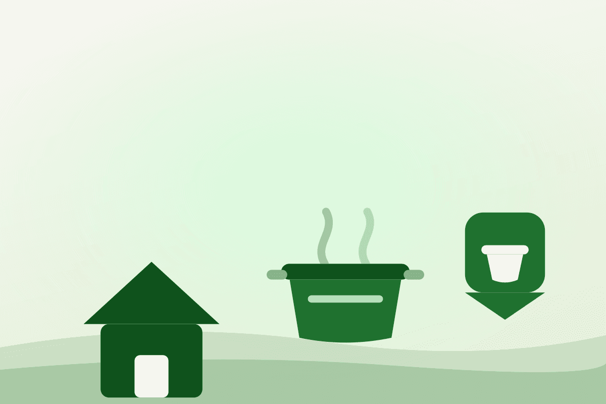 Flat illustration of a community building, a cooking pot and a kitchen location pin representing kitchen access in Cape Breton