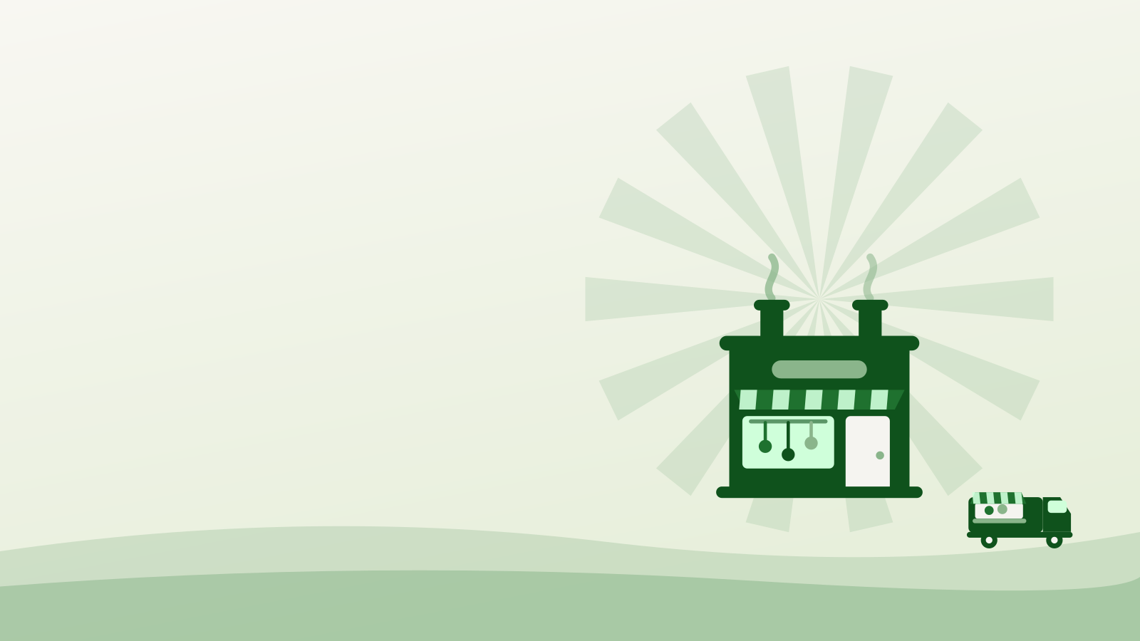 Flat illustration of a commissary kitchen building with a food truck alongside it — commissary kitchen