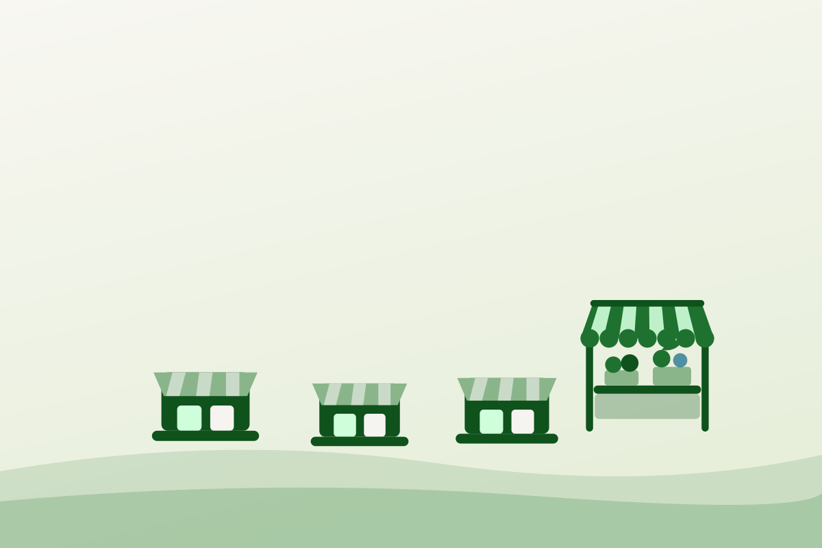 Flat illustration of three supermarket storefronts beside a single small farmers market stall