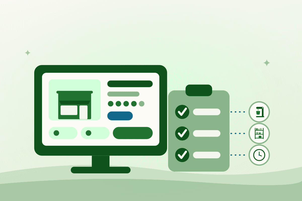 Flat illustration of a kitchen listing on a screen beside a checklist covering equipment, storage and hours