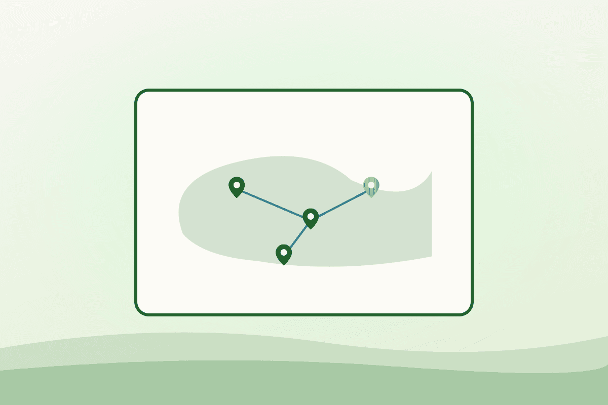 Flat illustration of a map card with linked pins showing a community food network
