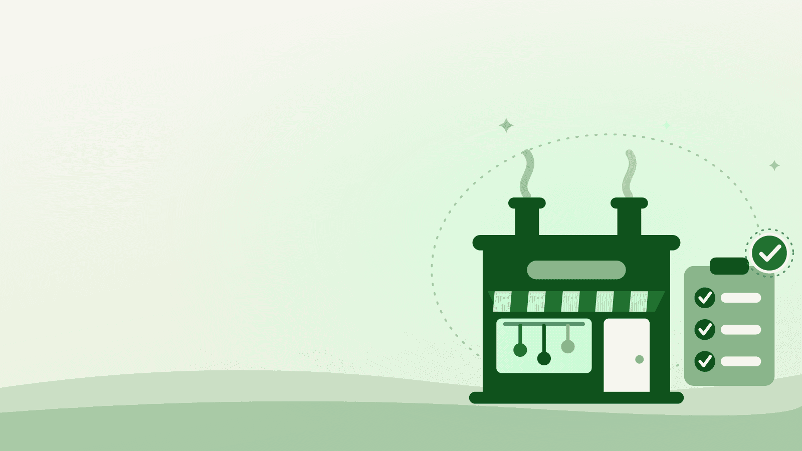Flat illustration of a commercial kitchen with a checklist and approval badge — commissary kitchen space for rent