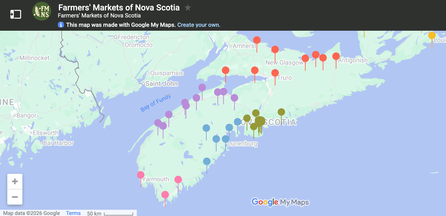 Map of farmers markets in Nova Scotia