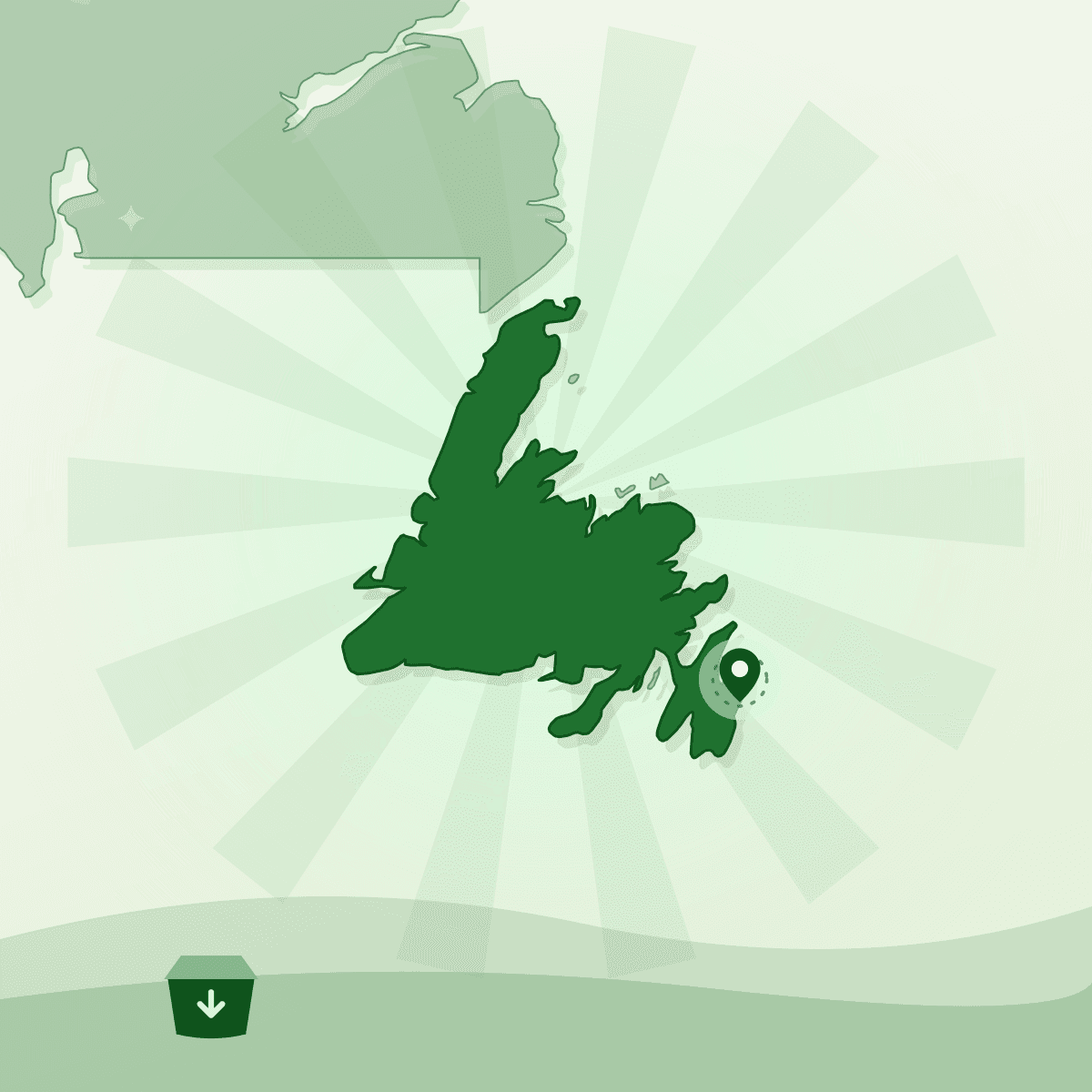 Illustrated outline of the island of Newfoundland with Mount Pearl marked