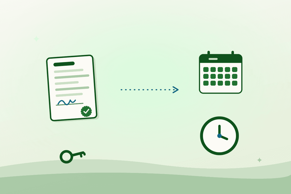 Illustration contrasting a signed lease with a calendar and clock — leasing versus renting a commercial kitchen