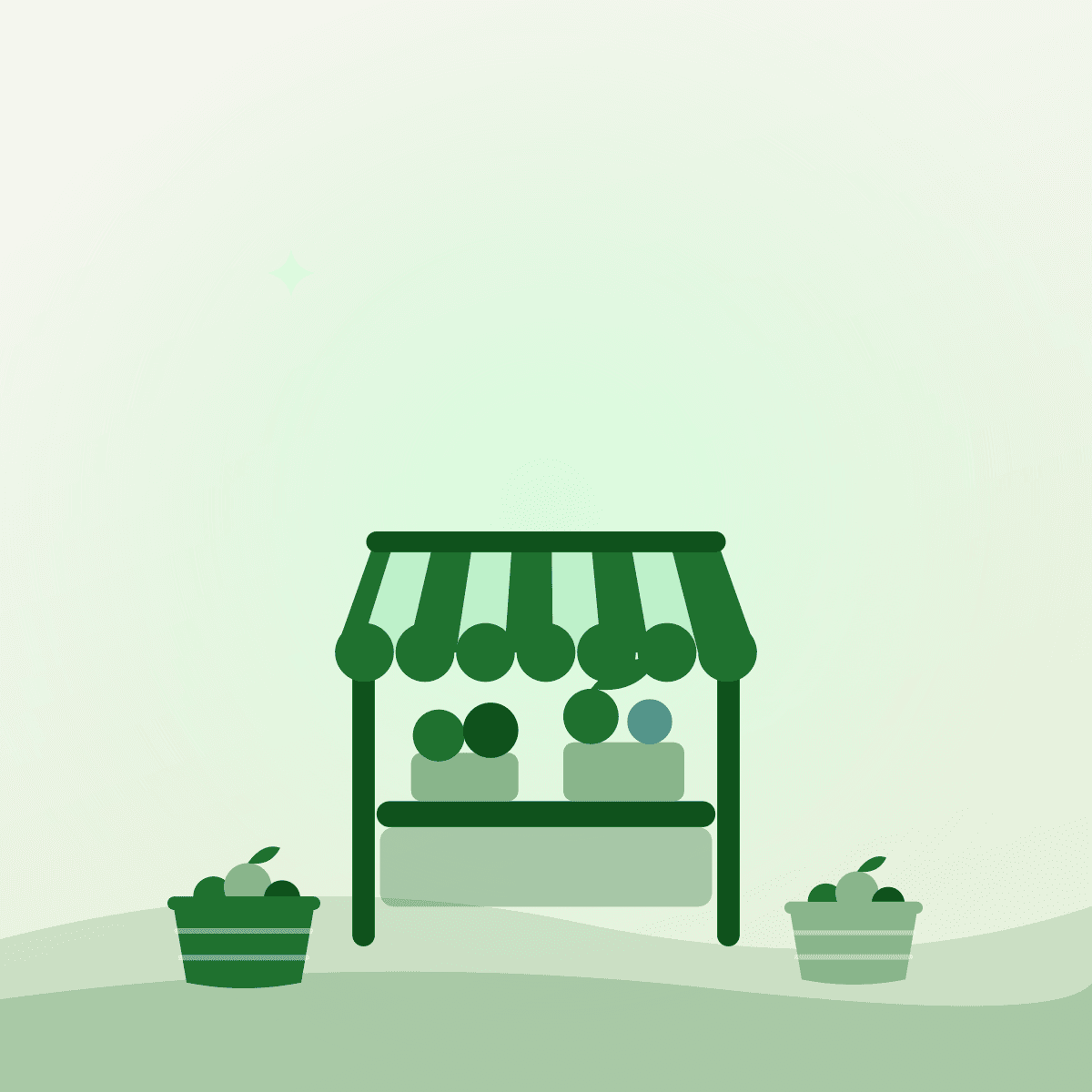 Flat illustration of a single striped farmers market stall flanked by two produce baskets