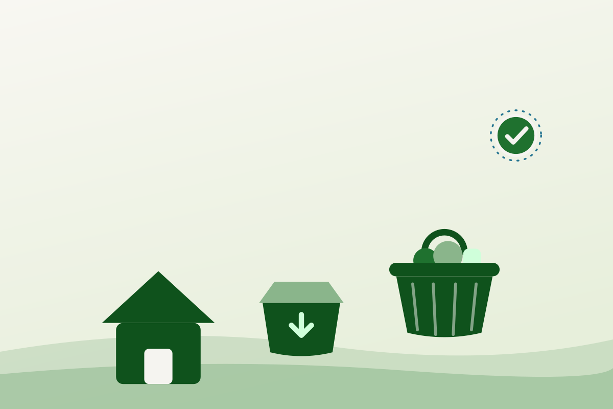 Flat illustration of a house, a donation box and a basket of produce representing food bank programs