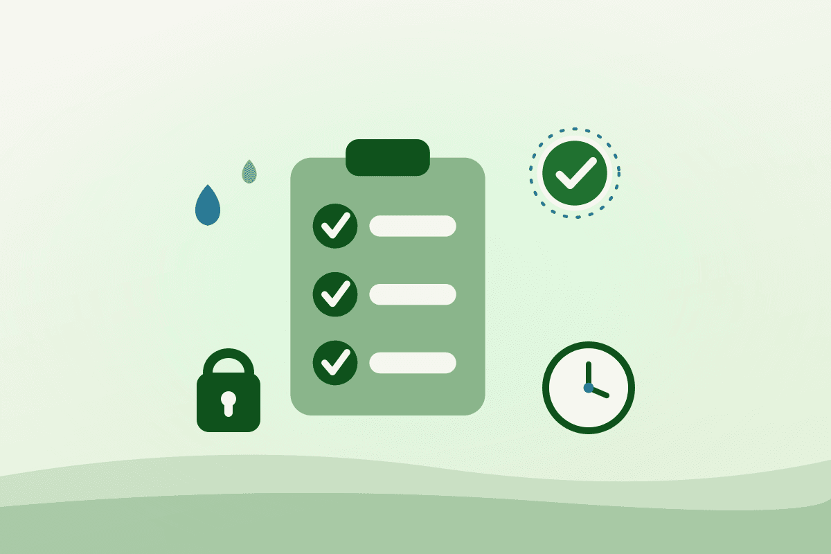 Illustration of a checklist with an approval badge, padlock, clock and water drops, representing how to vet a commissary kitchen near me