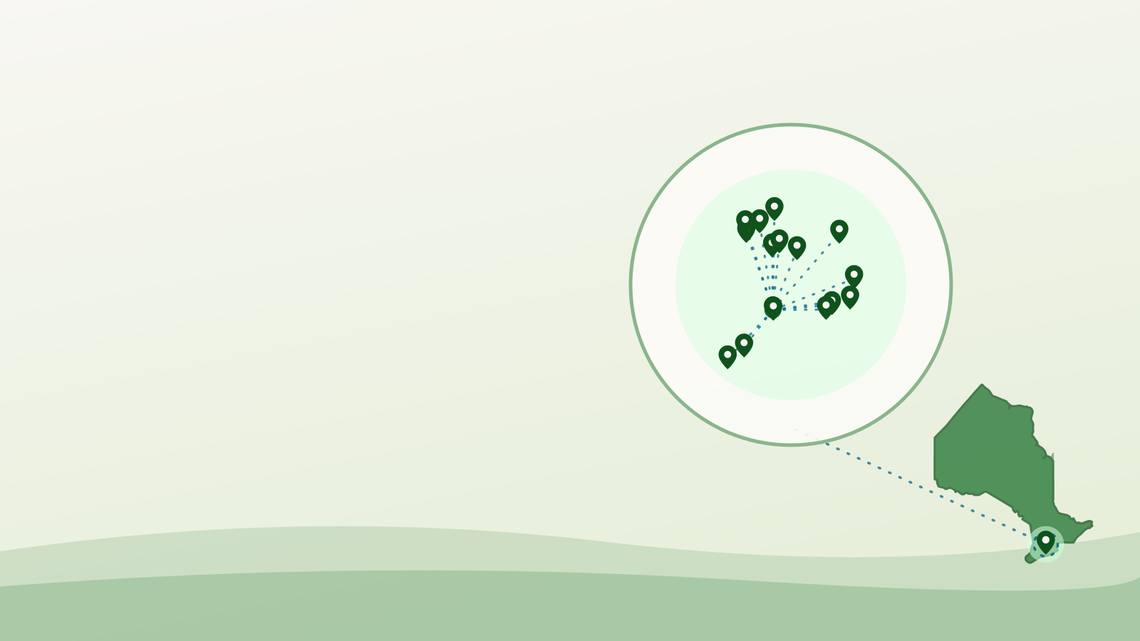 Flat illustration of Kitchener's mapped food support network over an outline of Ontario — food bank kitchener