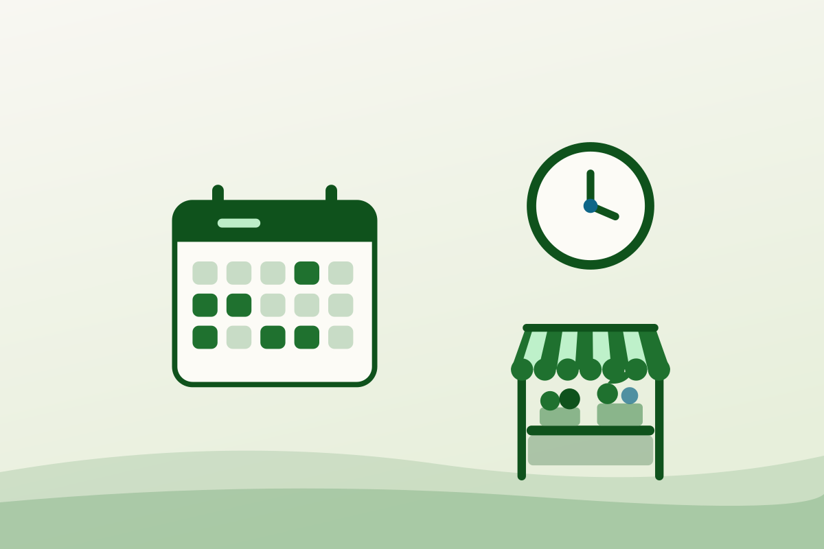 Flat illustration of a calendar, a clock and a farmers market stall representing three market days a week