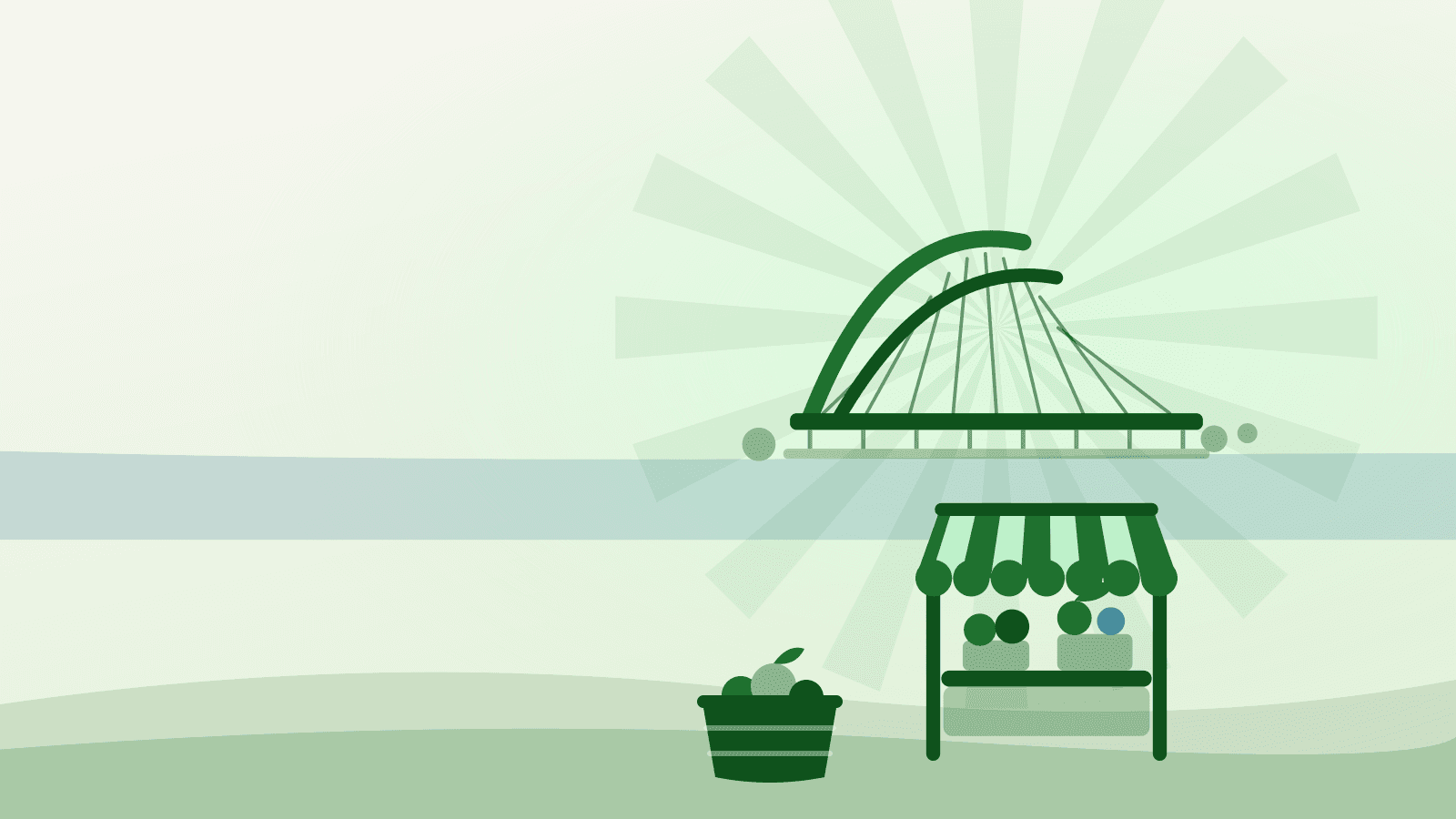 Flat illustration of the Humber Bay Arch Bridge above a market stall, for a farmers market Etobicoke guide