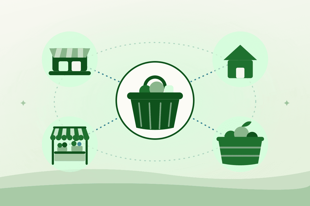 Flat illustration of small shops, a market stall and a produce crate linked by dashed lines around a central basket of food