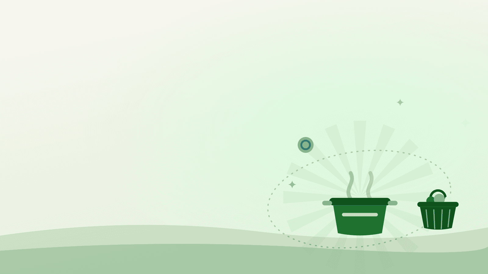 Flat illustration of catering kitchen rental prep — a stock pot and a produce basket