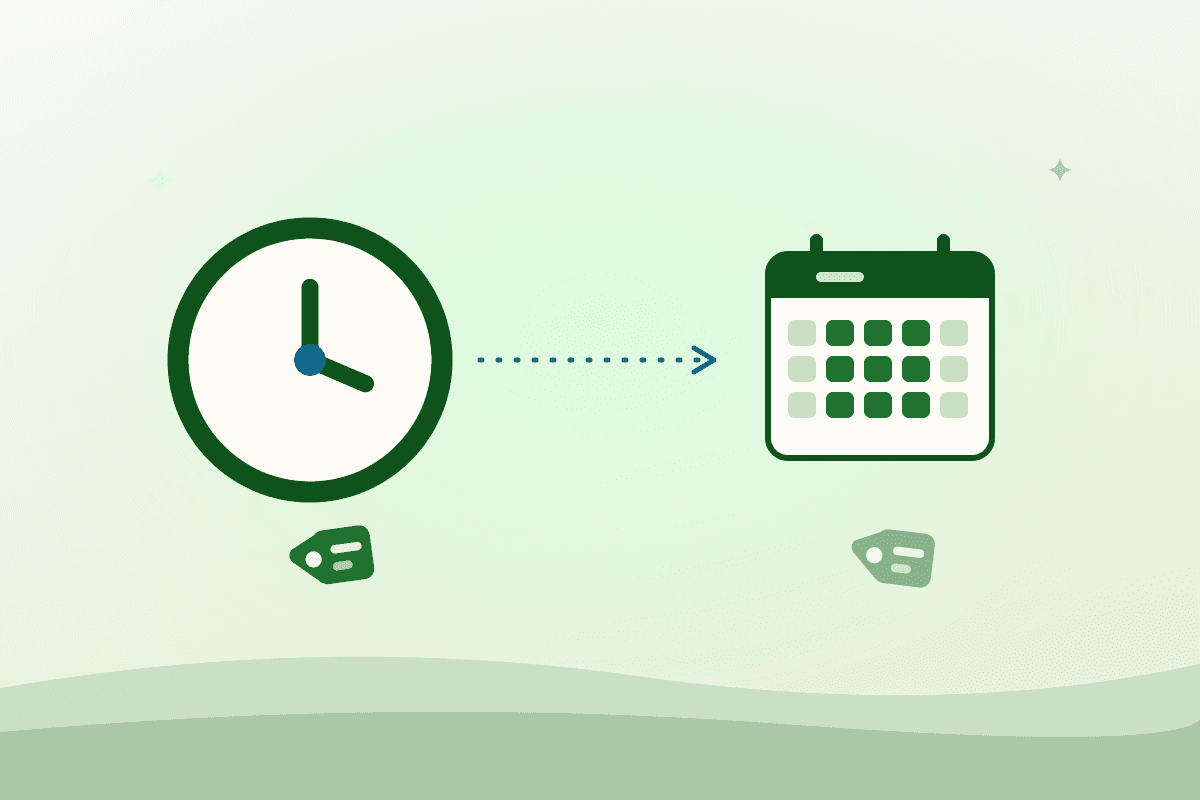 Illustration comparing a clock and a month calendar — hourly kitchen rental versus a monthly plan