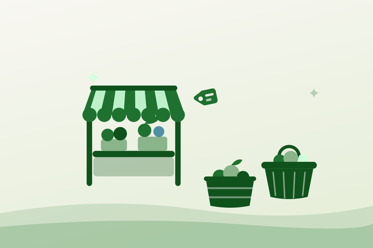 Flat illustration of a farmers market stall with produce baskets and a price tag
