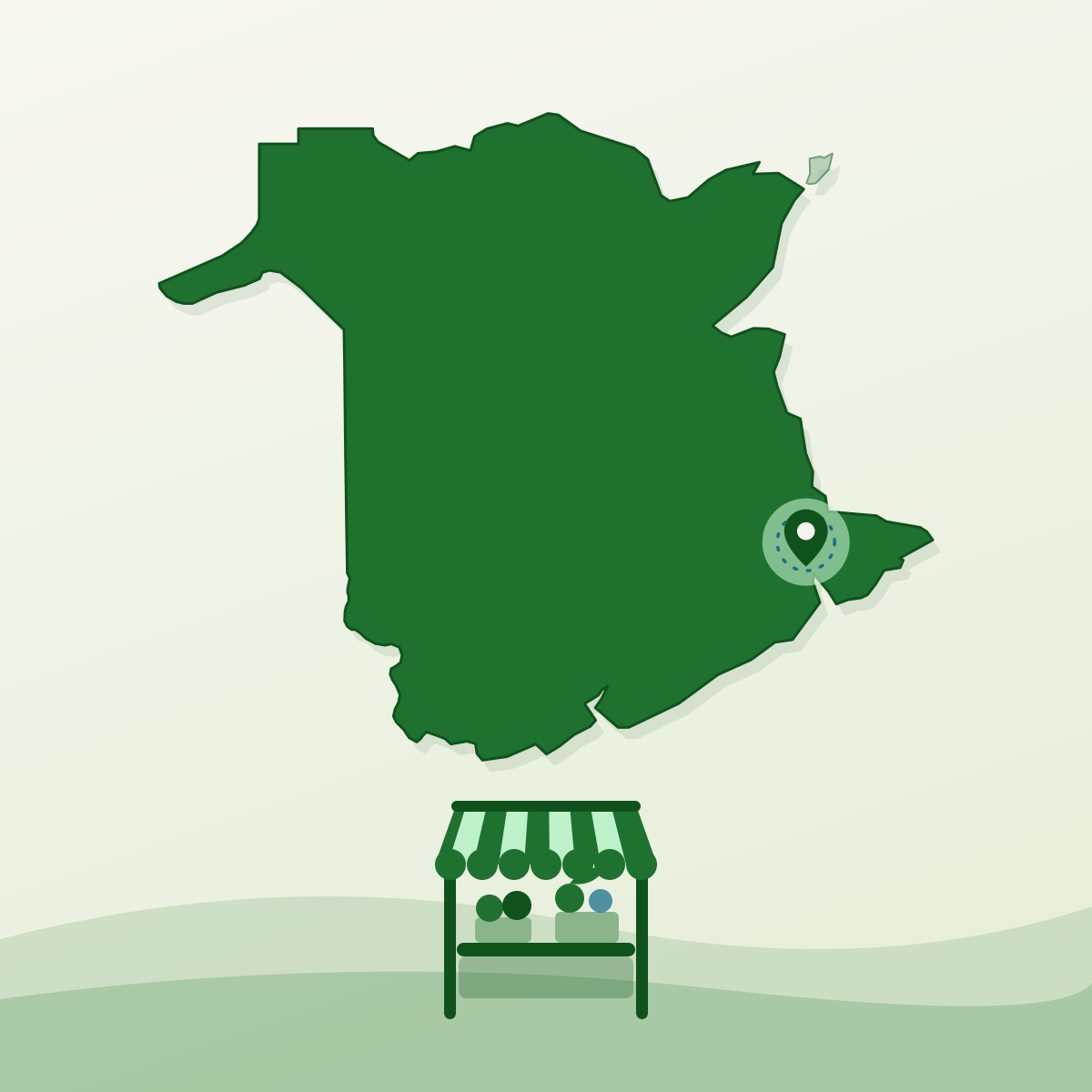 Illustrated outline of New Brunswick with Dieppe marked and a farmers market stall