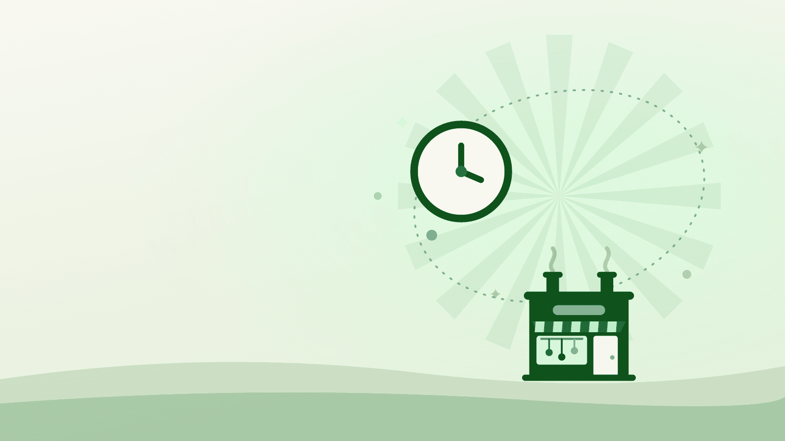 Flat illustration of a clock beside a commercial kitchen storefront, representing hourly kitchen rental