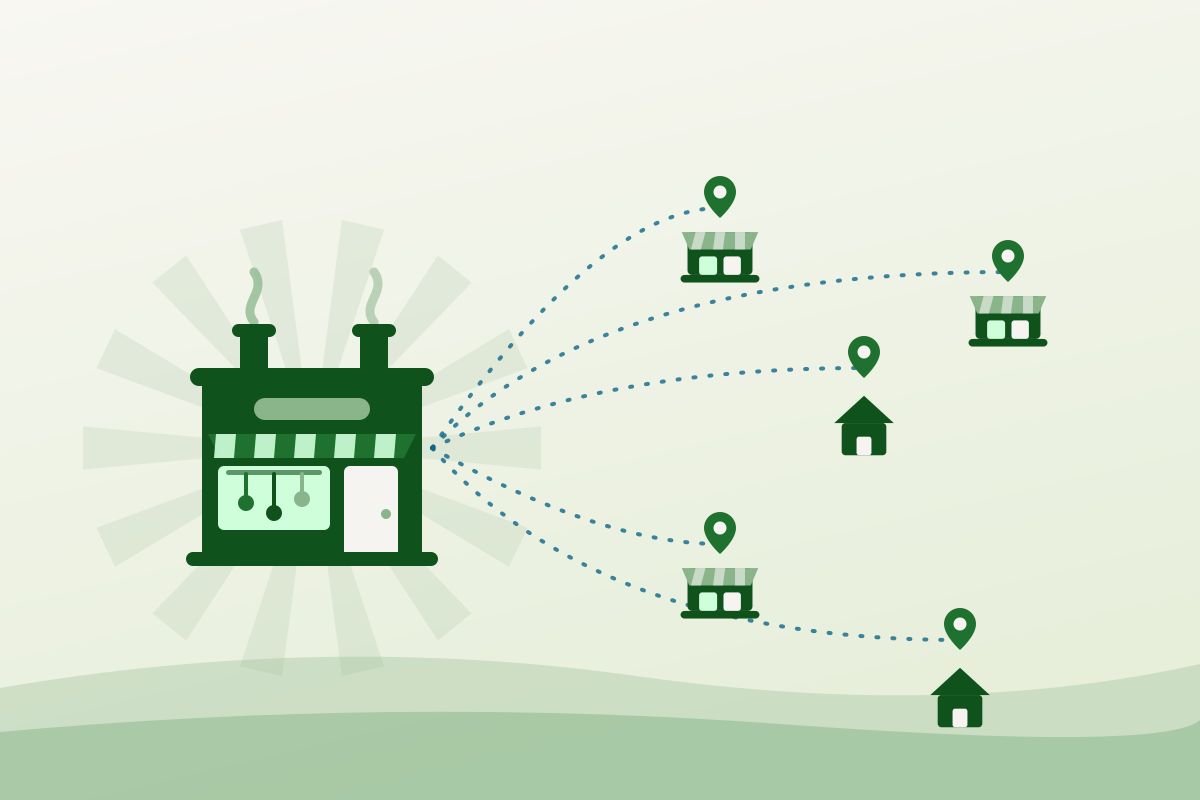 Flat illustration of a central warehouse building linked by dotted lines to smaller neighbourhood programs