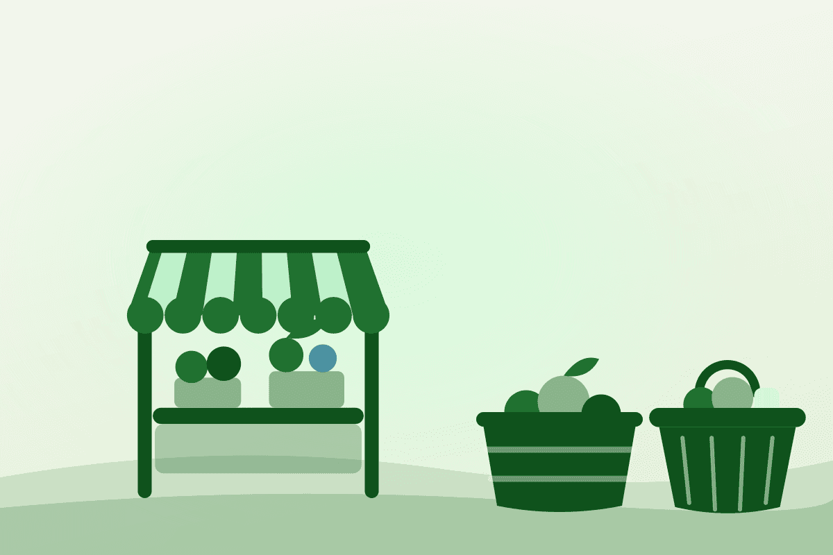 Illustration of a farmers market stall with produce crates at an Etobicoke farmers market