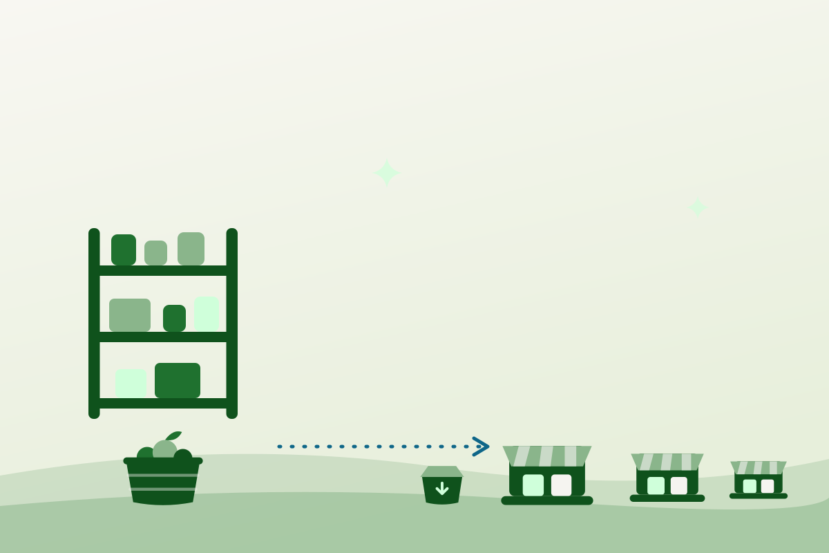 Flat illustration of a stocked depot shelf sending supplies out to a row of neighbourhood storefront agencies