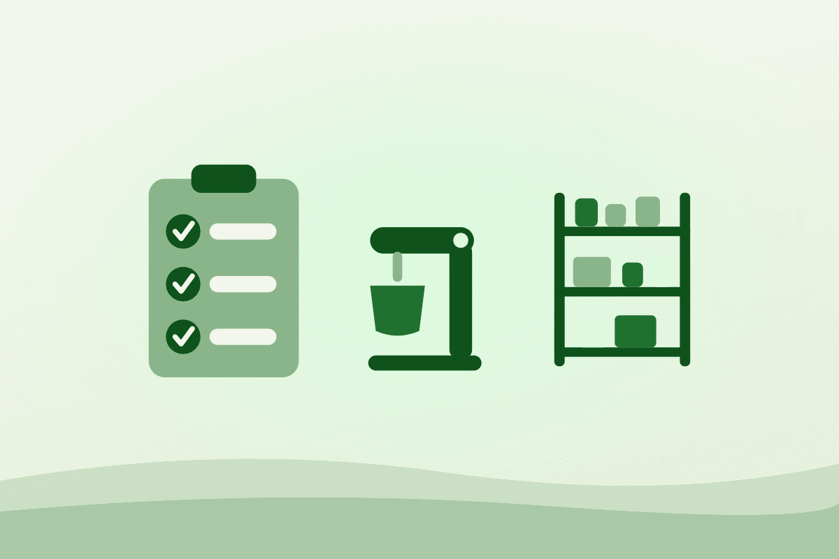 Illustration of a checklist, a stand mixer and a storage shelf rack side by side