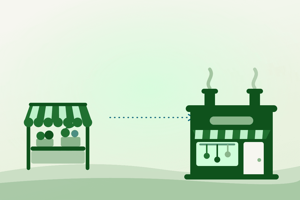 Illustration of a market stall leading to a commercial kitchen building, for Etobicoke vendors scaling up