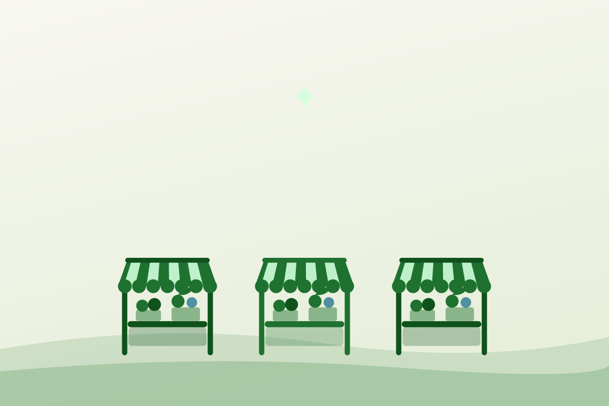 Flat illustration of three market stalls side by side — Toronto's neighbourhood farmers markets