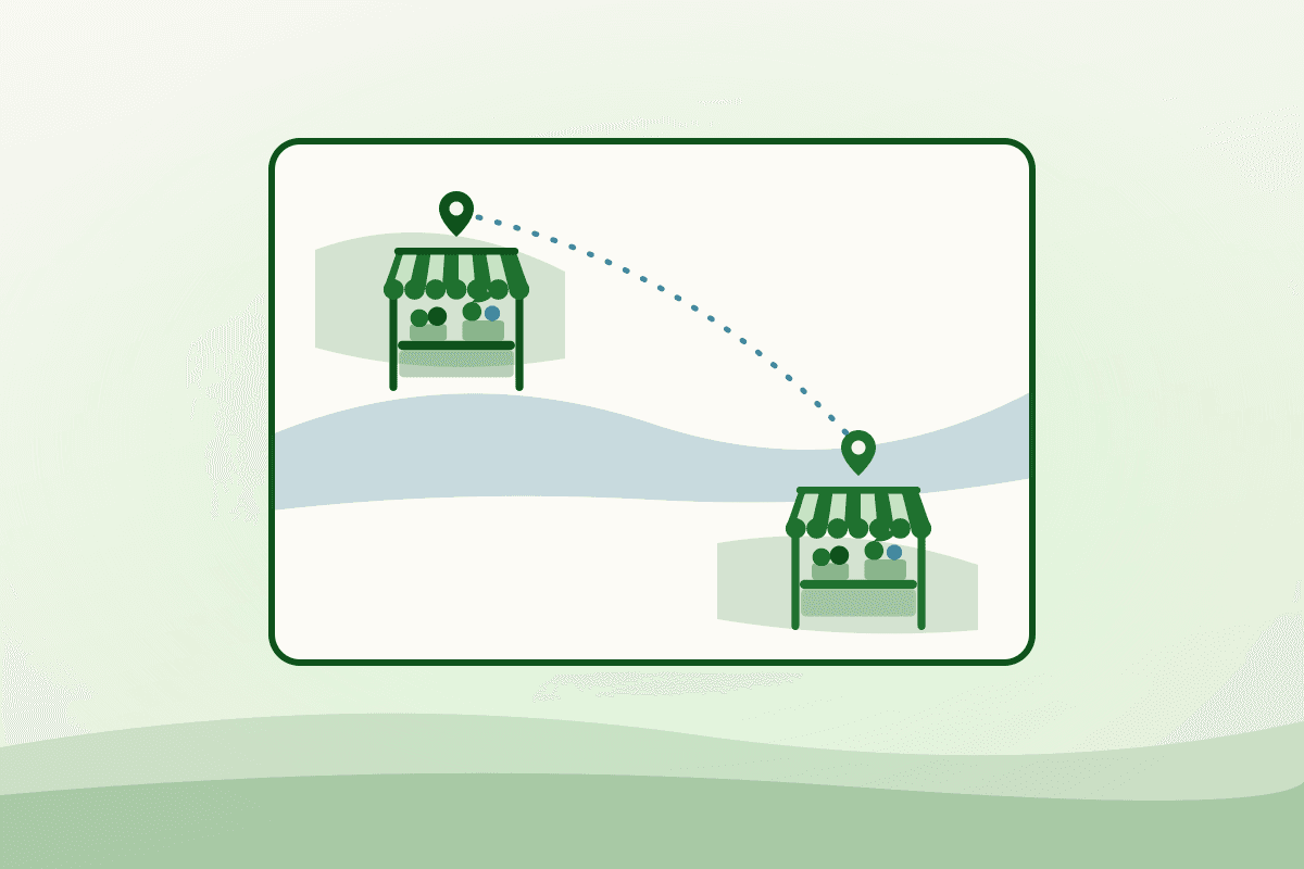 Illustrated map of two farmers market stalls on either side of a river, representing the farmers market Miramichi options in Chatham and Newcastle