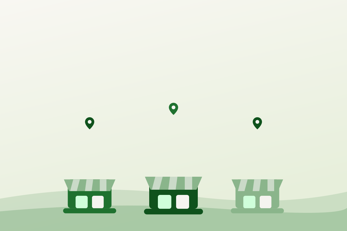 Flat illustration of three grocer storefronts with map pins above them — Hamilton's mapped food businesses