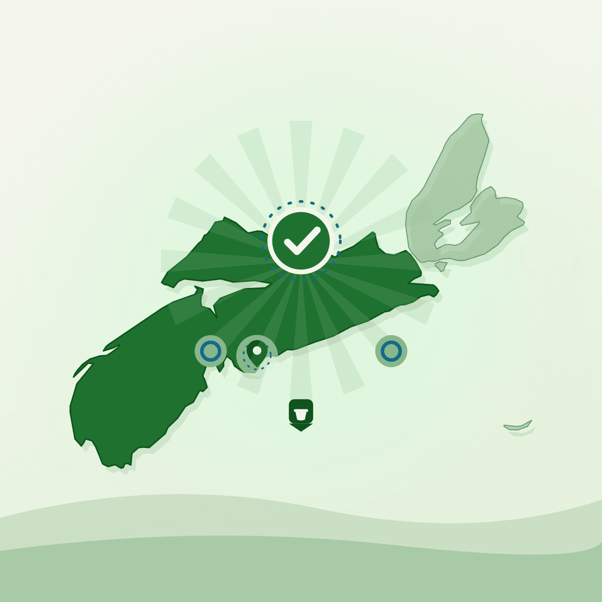 Checkmark over Nova Scotia marking the Kitchen Credit Program announcement