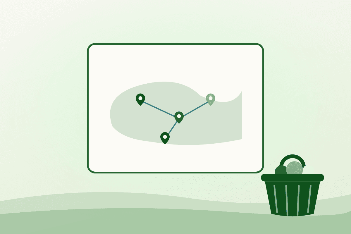Illustration of a food asset map with connected location pins beside a basket of produce