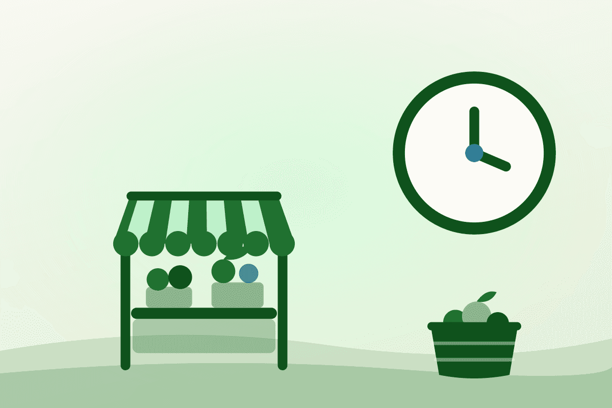 Illustration of a farmers market stall beside a clock, showing North York farmers market hours