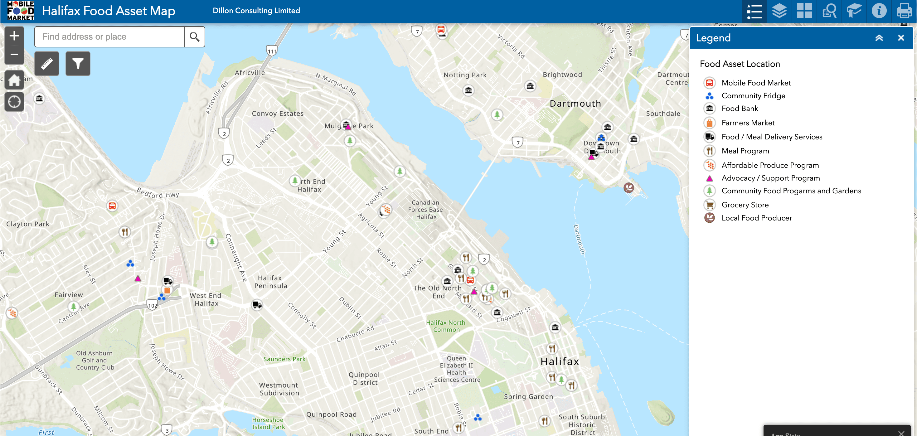 Food asset map in Halifax showing community gardens and food programs