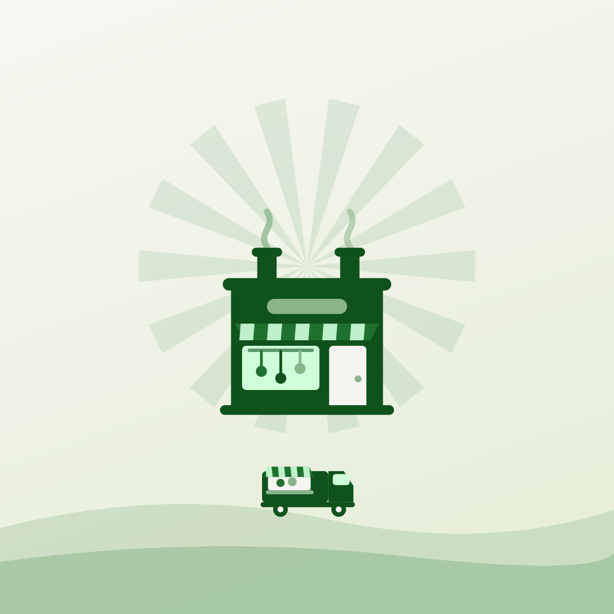 Illustrated commissary kitchen building with a food truck