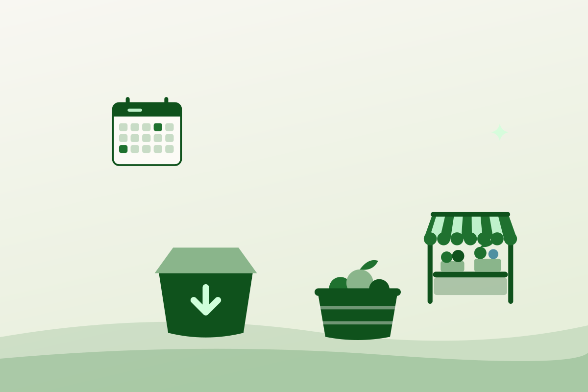 Flat illustration of a CSA produce box, a crate and a market stall with a season calendar