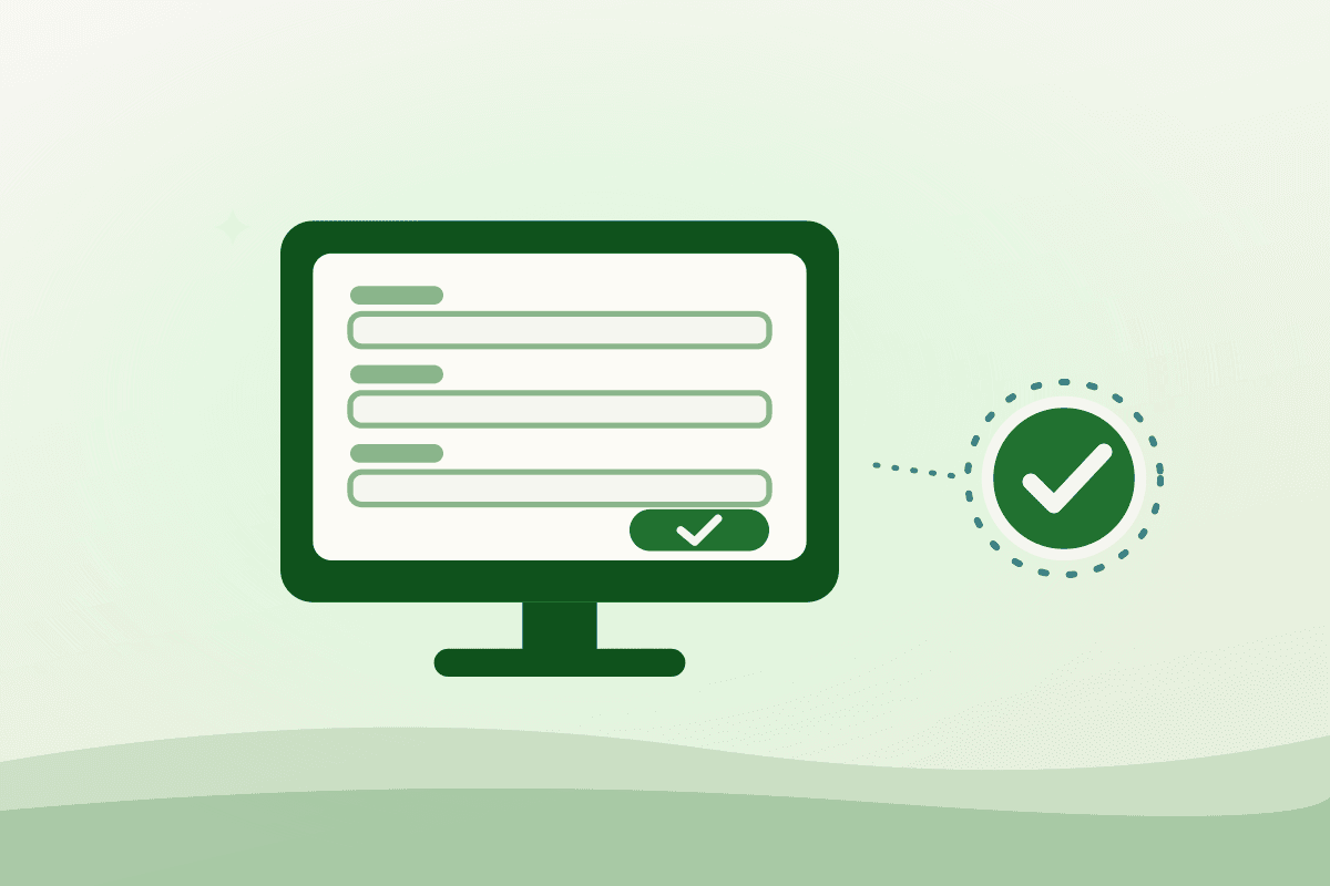 Flat illustration of a health permit application on a screen beside an approval check mark